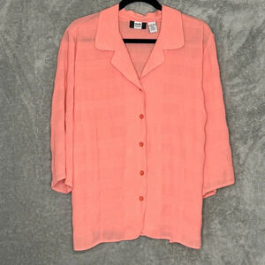 Studio 1940 18 20 1X Shirt Top Coral Pink Solid Button Up 3/4 Sleeve V Neck